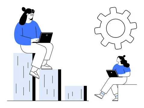 Two professionals working with laptops on bar chart and cogwheel background Illustrazione stock