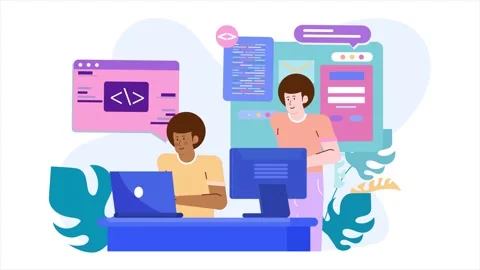 Two programmers collaborate in a vibrant workspace using laptops and desktop Stock-Footage 292851218