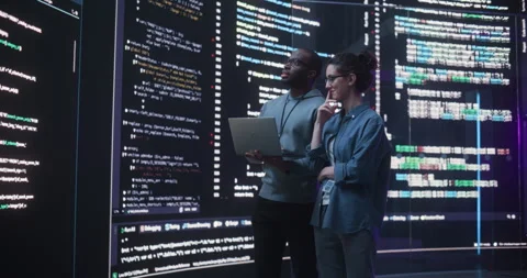 Two Programmers Discussing Code on Big Screen Stock Footage 243289052