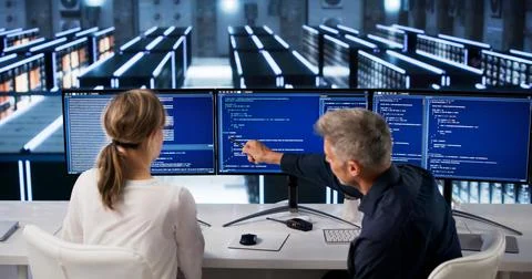 Two Programmers Typing On Computers In Big Data Center Room Managing Servers. Stockfoto's