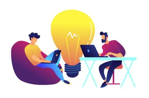 Two programmers working with laptop and big bulb vector illustration. Illustrazione stock