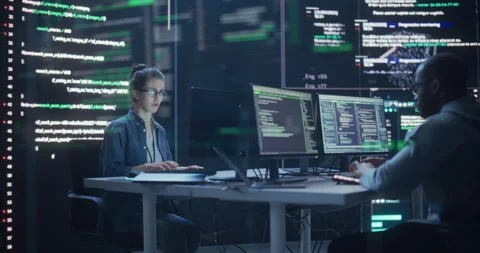 Two Programmers Writing Code Surrounded by Big Screens Stock Footage 243288151
