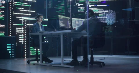 Two Programmers Writing Code Surrounded by Big Screens Stock Footage 243288210