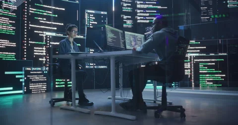 Two Programmers Writing Code Surrounded by Big Screens Stock Footage 243288288