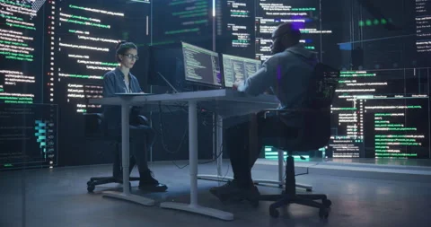 Two Programmers Writing Code Surrounded by Big Screens Stock Footage 243288324