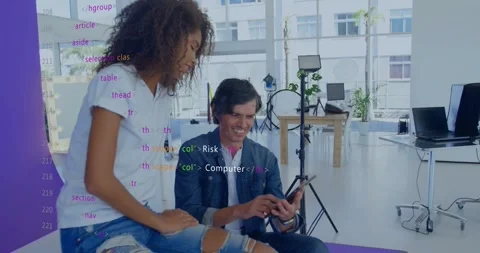 Two pros tapping phone leaning code overlay appearing and growing to show Stock Footage 330355151