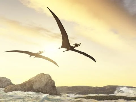 Two pteranodons flying over rocks in the sea Stock Illustration