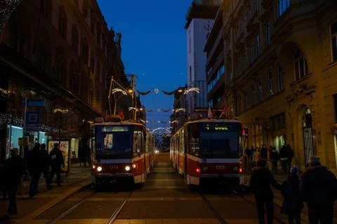 Two public transport, trams captured in the way to square Svobody in Brno, Cz 스톡 사진