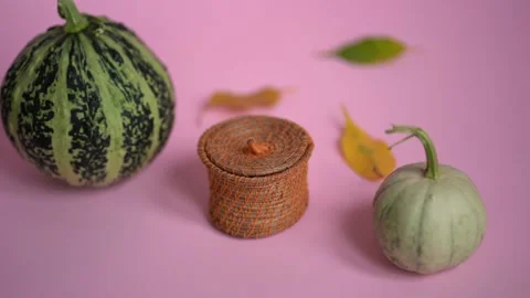 Two pumpkins and cute box. Yellow leaves are falling down. Video stock 142512856