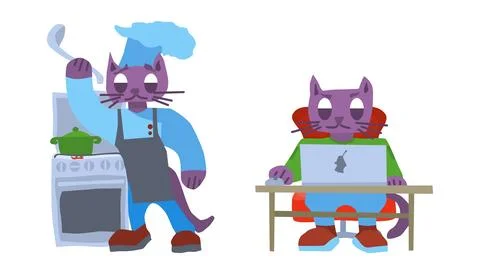 Two purple cats one in the kitchen the other new Stock Illustration