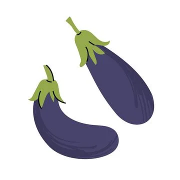 Two purple eggplants with green stems illustrated in a playful, flat cartoon Stock Illustration