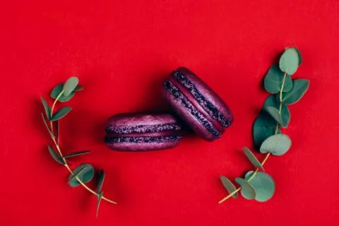 Two purple macarons on red background Stock Photos