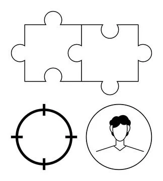 Two puzzle pieces connecting, target icon, person avatar. Ideal for teamwork, Illustrazione stock