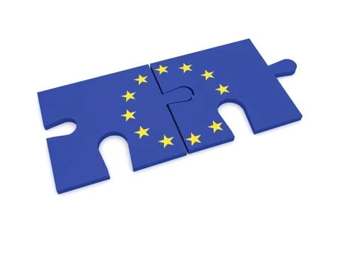 Two Puzzle Pieces With EU Flag, 3d illustration isolated on white background Stock Illustration