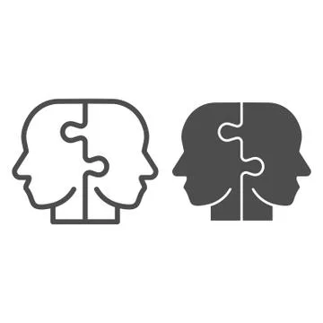 Two puzzle pieces form human head line and solid icon. Puzzle male heads symbol Stock Illustration
