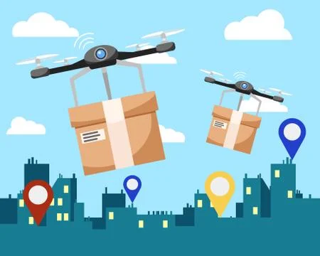 Two quadrocopters deliver boxes with parcels to the address. Stock Illustration