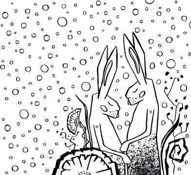 Two rabbits. Graphic black line. and illustration Illustrazione stock