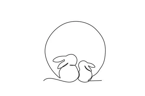 Two rabbits sat staring at the full moon Stock Illustration
