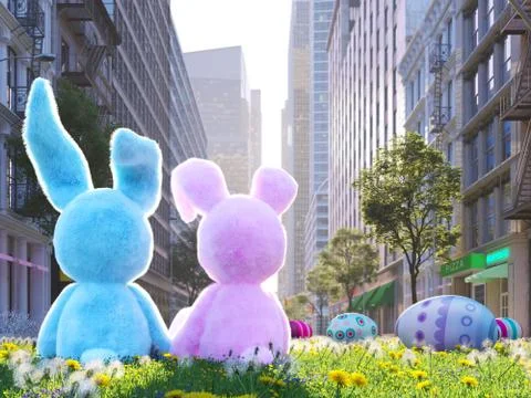 Two rabbits sitting in lawn with easter eggs infront of big city. 3d rendering イラスト素材