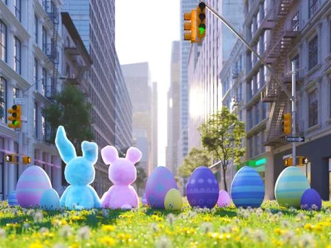 Two rabbits sitting in lawn with easter eggs infront of big city. 3d rendering Stock Illustration