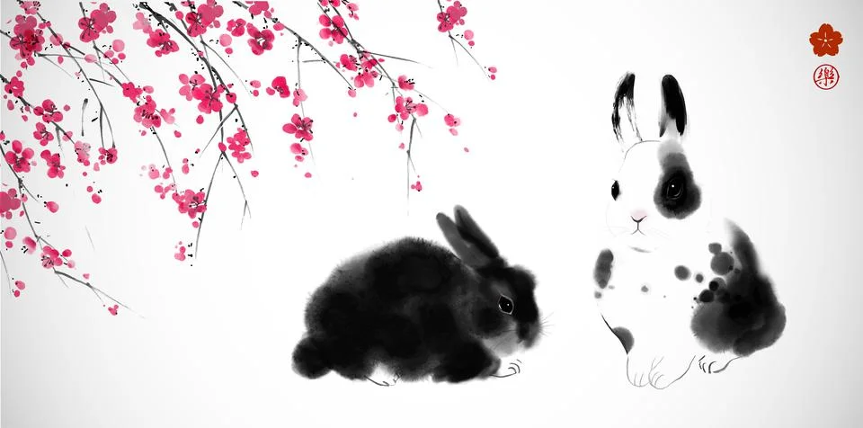 Two rabbits under the sakura tree in bloom. Traditional oriental ink painting Stock Illustration
