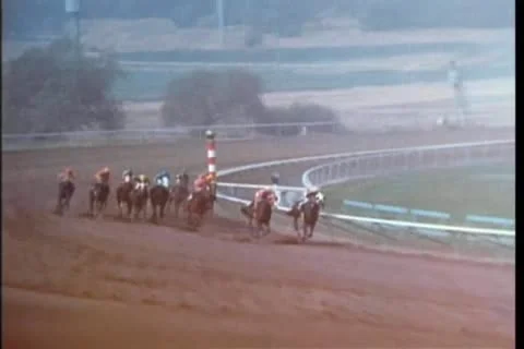 Two race horses breaking away from the pack to take the lead Stock Footage 25207859