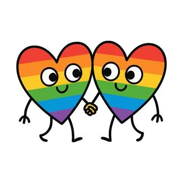 Two Rainbow Hearts Holding Hands Cute Cartoon Illustration Stock Illustration
