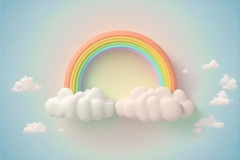 Two rainbows with clouds and sky in the background in this 3d render Stock Illustration