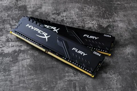 Two ram memory modules Kingston HyperX Fury DDR4 on a dark background. Stock Photos