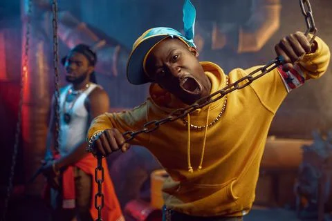 Two rappers, break-dance performing in studio Stock Photos