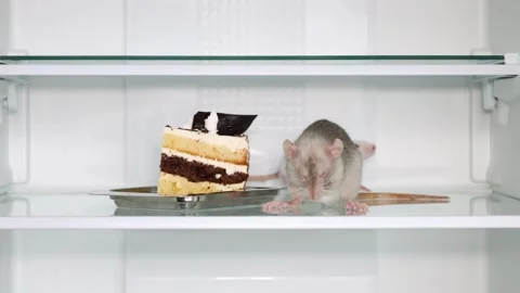 Two rats are sitting on the shelf of an open refrigerator next to the cake Stock Footage 263189016