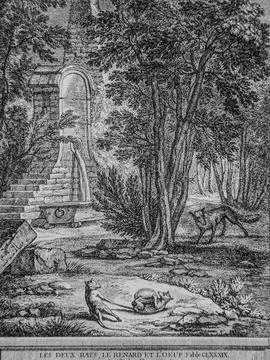 The two rats, the fox and the egg, fables de la Fontaine, publisher Talan, Di Stock Illustration