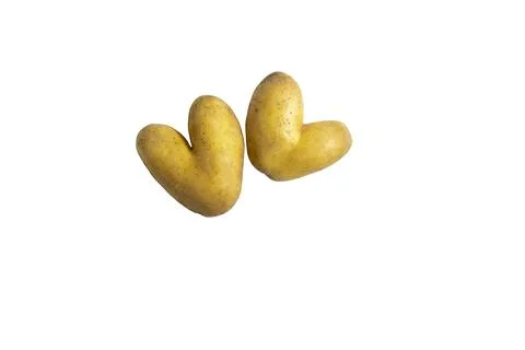 Two raw potatoes in the shape of a heart on a white plate. Isolate. Life style. Stock Photos