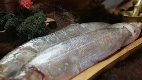 Two raw river fish lie on wooden tray on set table. Stock Footage 205329000