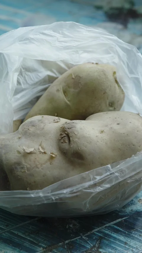 Two raw unpeeled potatoes sit inside a clear plastic bag. Stock Footage 339201535