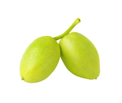 Two raw walnuts hanging on a stem, isolated on white Foto stock