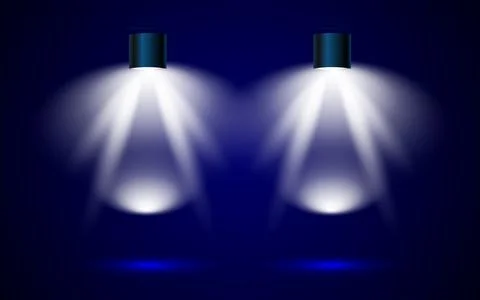 Two realistic blue ceiling spotlights with bright light beams on background. Stock Illustration