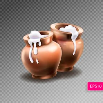 Two realistic clay pots with sour cream Stock Illustration