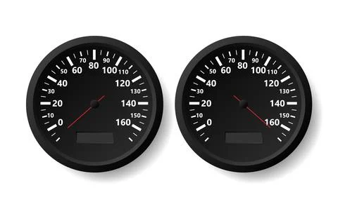 Two realistic speedometers with different arrow positions on white background Illustrazione stock