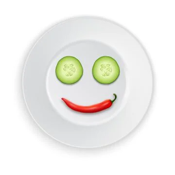 Two realistic vector 3d slice juicy cucumbers and red hot chili pepper laid out Stock Illustration