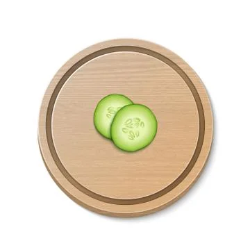 Two realistic vector 3d slice juicy cucumbers icon on a round cutting board Illustrazione stock