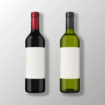 Two realistic vector wine bottles in top view with blank labels on gray Stock Illustration