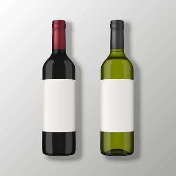 Two realistic vector wine bottles in top view with blank labels on gray backg Stock Illustration