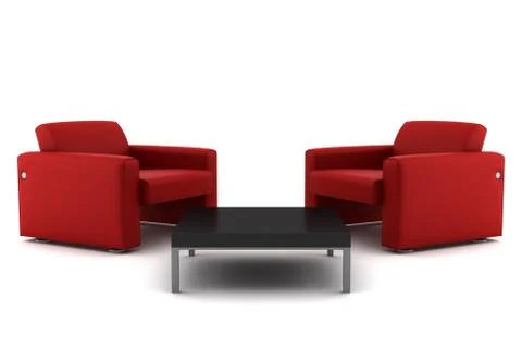 Two red armchairs with table isolated on white background with clipping path Stock Illustration