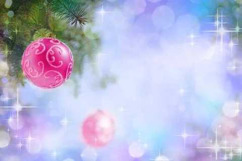 Two Red Ball on the Christmas Tree at the Defocused Lights Background . Stock Photos