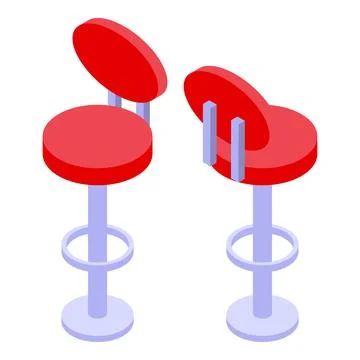 Two red bar stools with backrest and footrest in isometric view Illustrazione stock