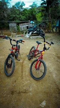 Two Red Bicycles in a Rural Setting 스톡 사진