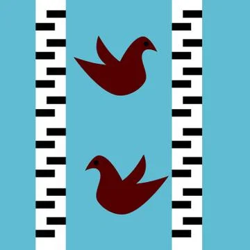 Two red birds flying between the trunks of birch. Flat stylized graphics. Stock Illustration