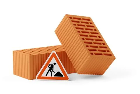 Two red brick stones  with two single bricks in front and road construction s Stock Illustration