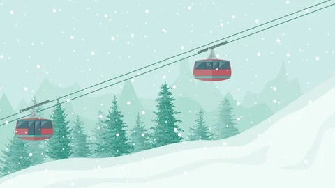 Two red cable cars transporting skiers up a snowy mountain on a winter day .. Stock Footage 318512312